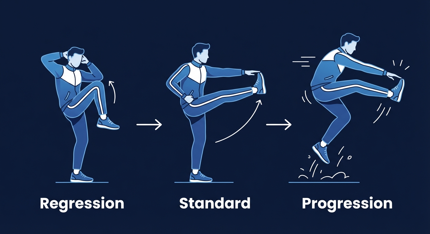 Toe Touch Kick progressions showing a knee tuck crunch regression, standard Toe Touch Kick, and a jumping progression