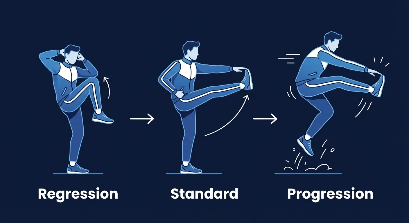Toe touch kick progressions showing a standing knee-drive regression, standard toe touch kick, and jumping variation