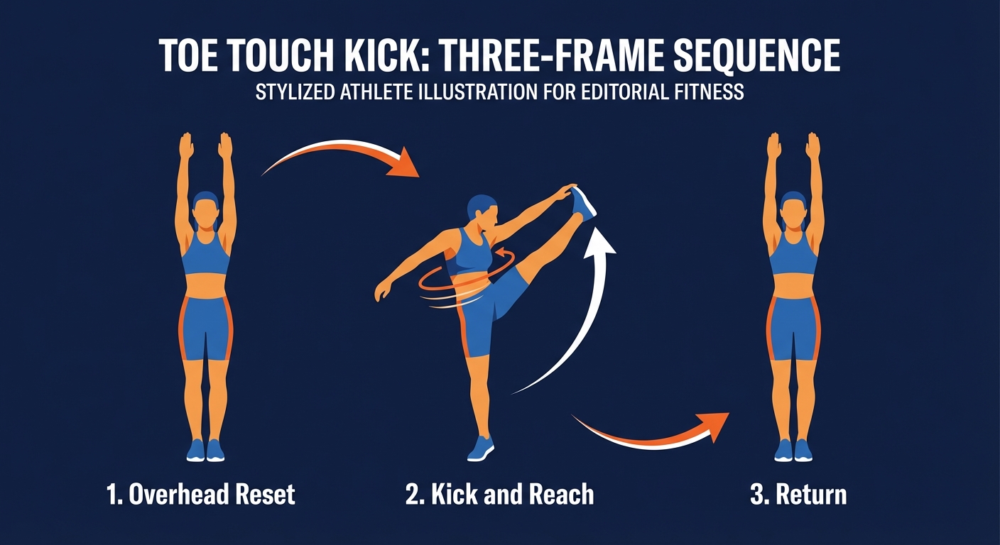 Toe Touch Kick proper form sequence showing arms overhead start, powerful front kick, and cross-body toe touch with abs engaged