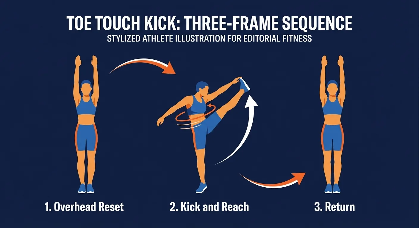 Toe touch kick proper form sequence showing an overhead start, straight-leg kick, cross-body reach, and tall reset