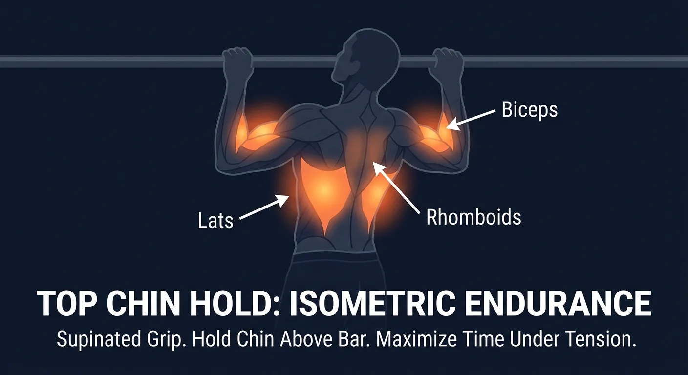 Top chin hold muscles targeted diagram highlighting biceps brachii, latissimus dorsi, and rhomboids activation