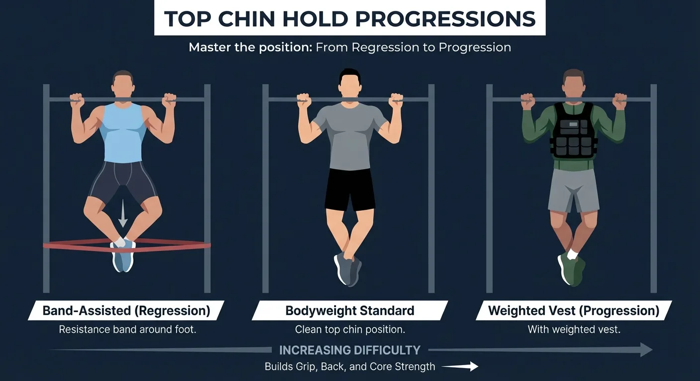Top chin hold variations showing band-assisted regression, bodyweight standard, and weighted vest progression