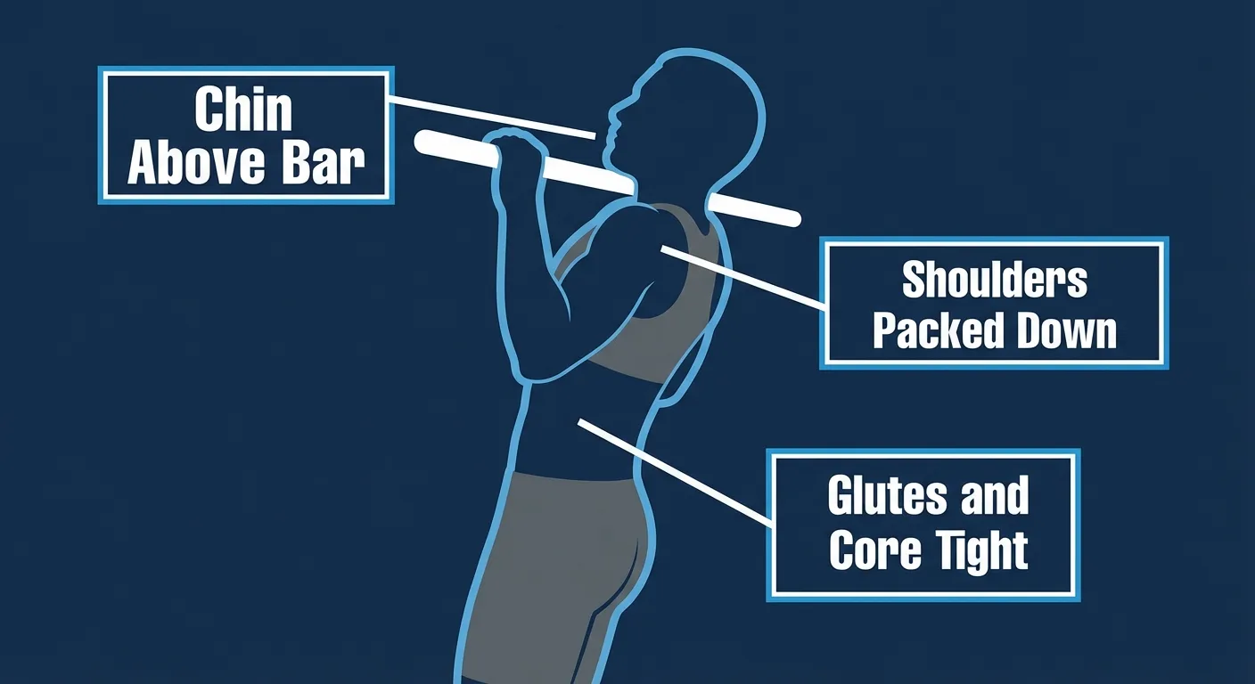 Top chin hold proper form showing chin above bar, elbows bent, shoulders packed down, body tight