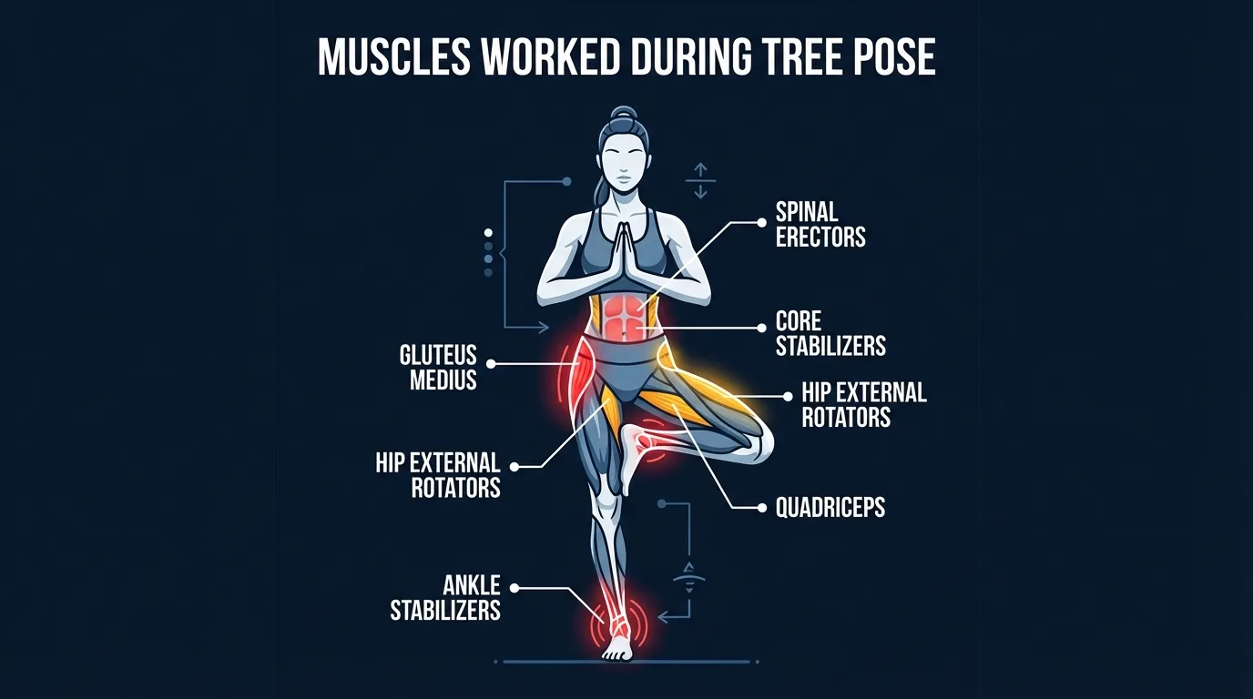 Tree pose muscles targeted diagram showing ankle stabilizers, gluteus medius, core stabilizers, hip external rotators, and spinal erectors highlighted during single-leg balance