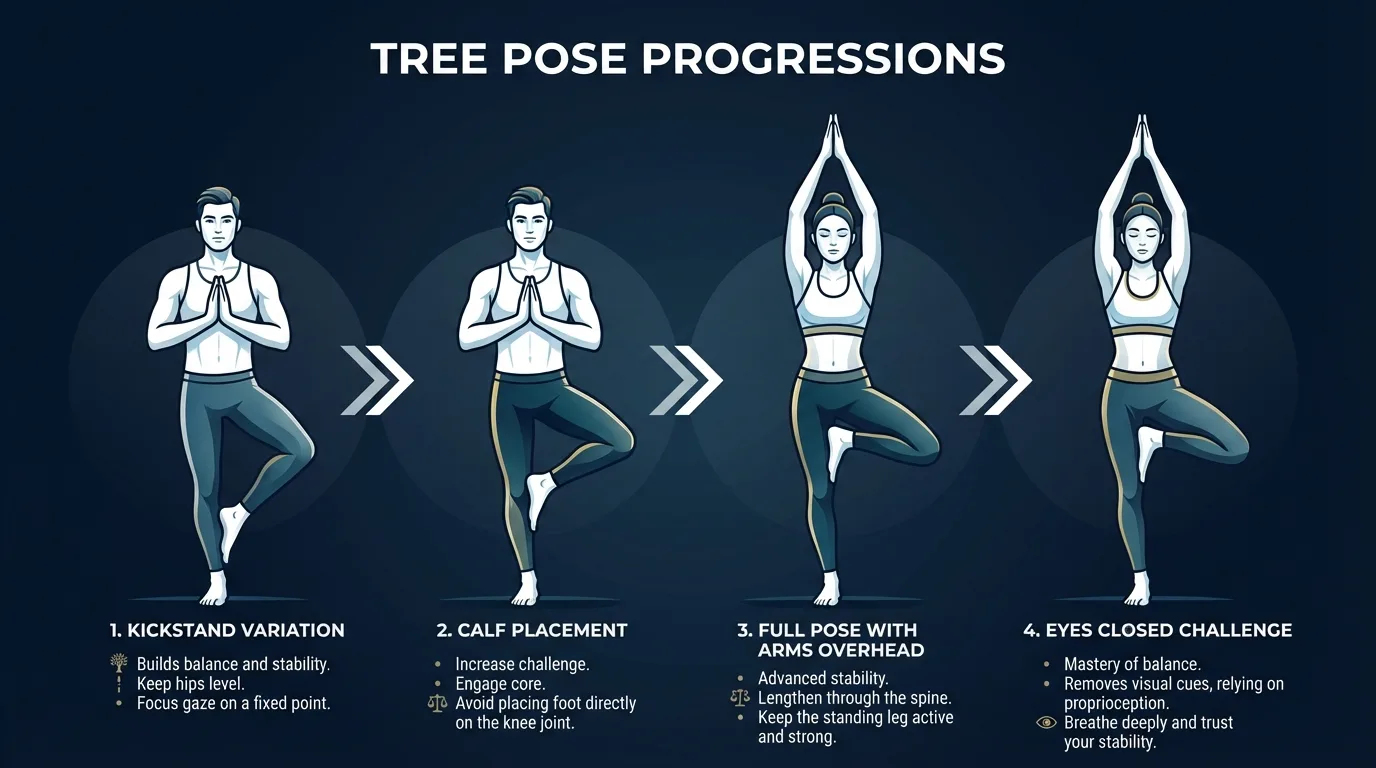 Tree pose progression from kickstand with toe on floor to foot on calf to foot on inner thigh to eyes closed variation, showing increasing difficulty