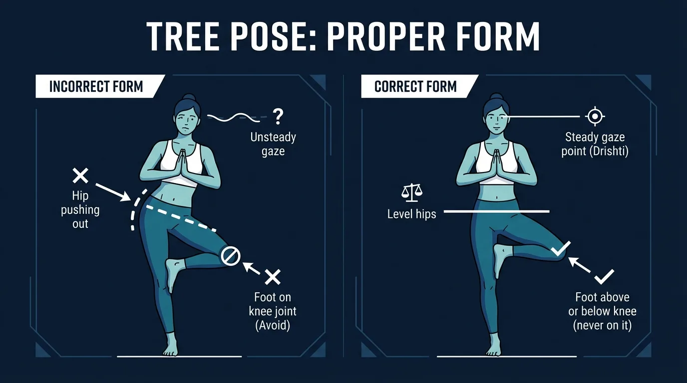 Tree pose proper form showing correct foot placement on inner thigh, level hips, arms overhead with shoulders down, and steady gaze at a fixed point