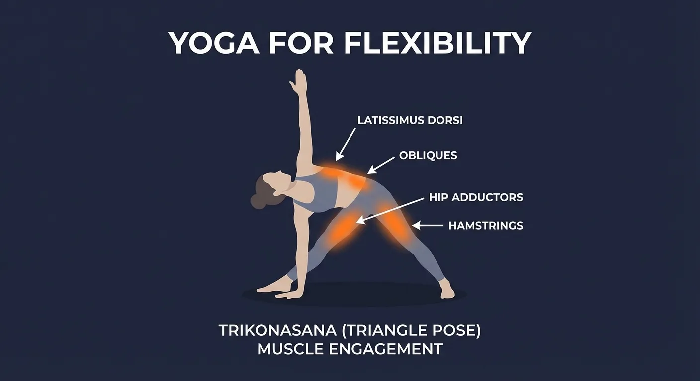Triangle pose muscles targeted diagram showing hamstrings, hip adductors, obliques, lats, legs, and core activation