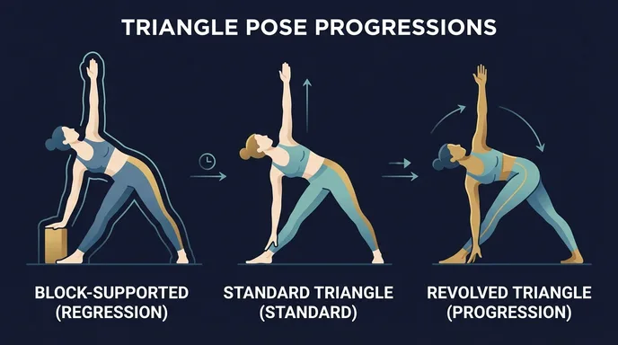 Progressions de la posture du triangle de la version supportée par bloc à la posture standard et à la variation du triangle tourné