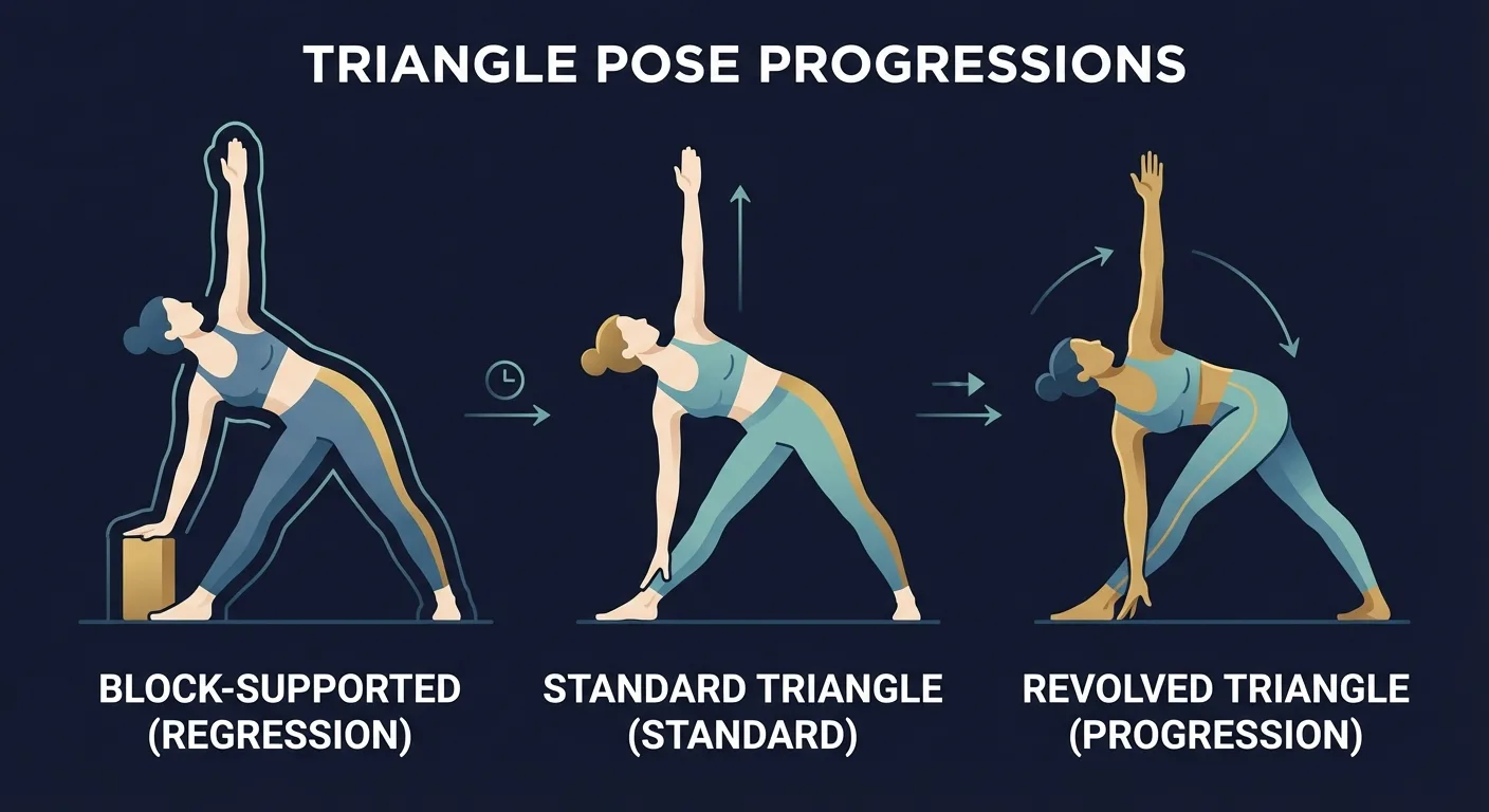 Triangle pose progressions from block-supported version to standard pose to revolved triangle variation