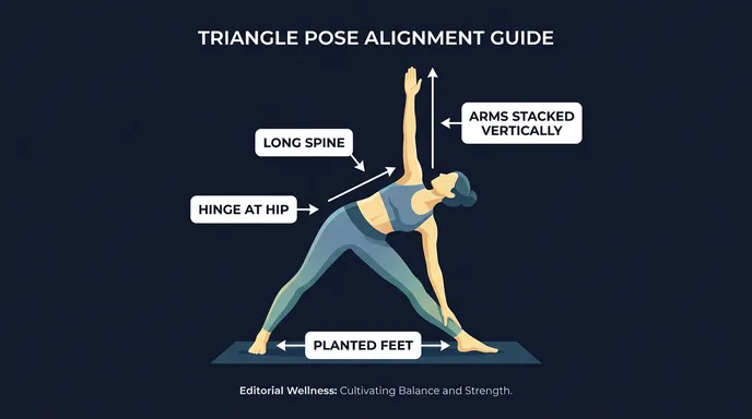 Forme correcte de la posture du triangle montrant les pieds plantés, la colonne longue, la hanche pivotée et les bras empilés en ligne verticale