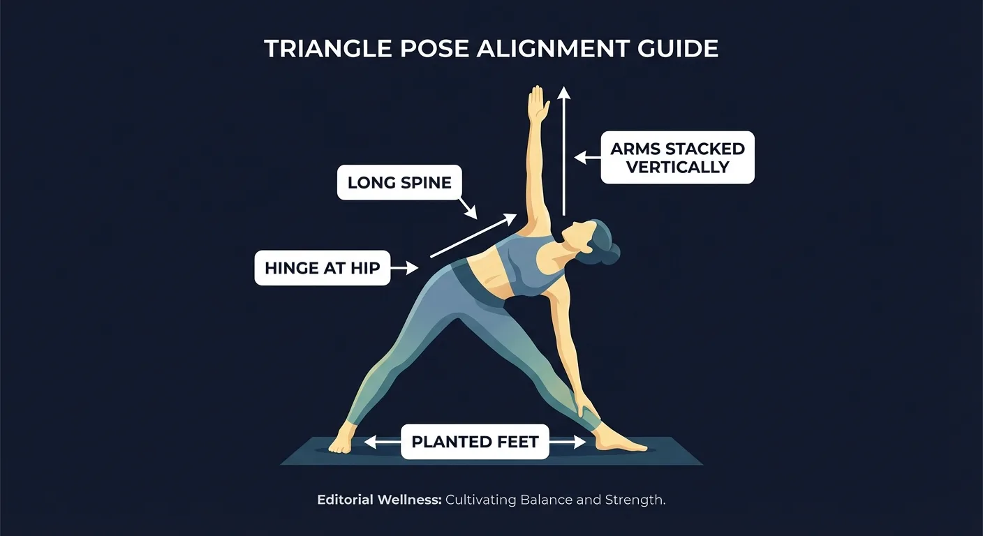 Triangle pose proper form showing planted feet, long spine, hinged hip, and stacked arms in vertical line