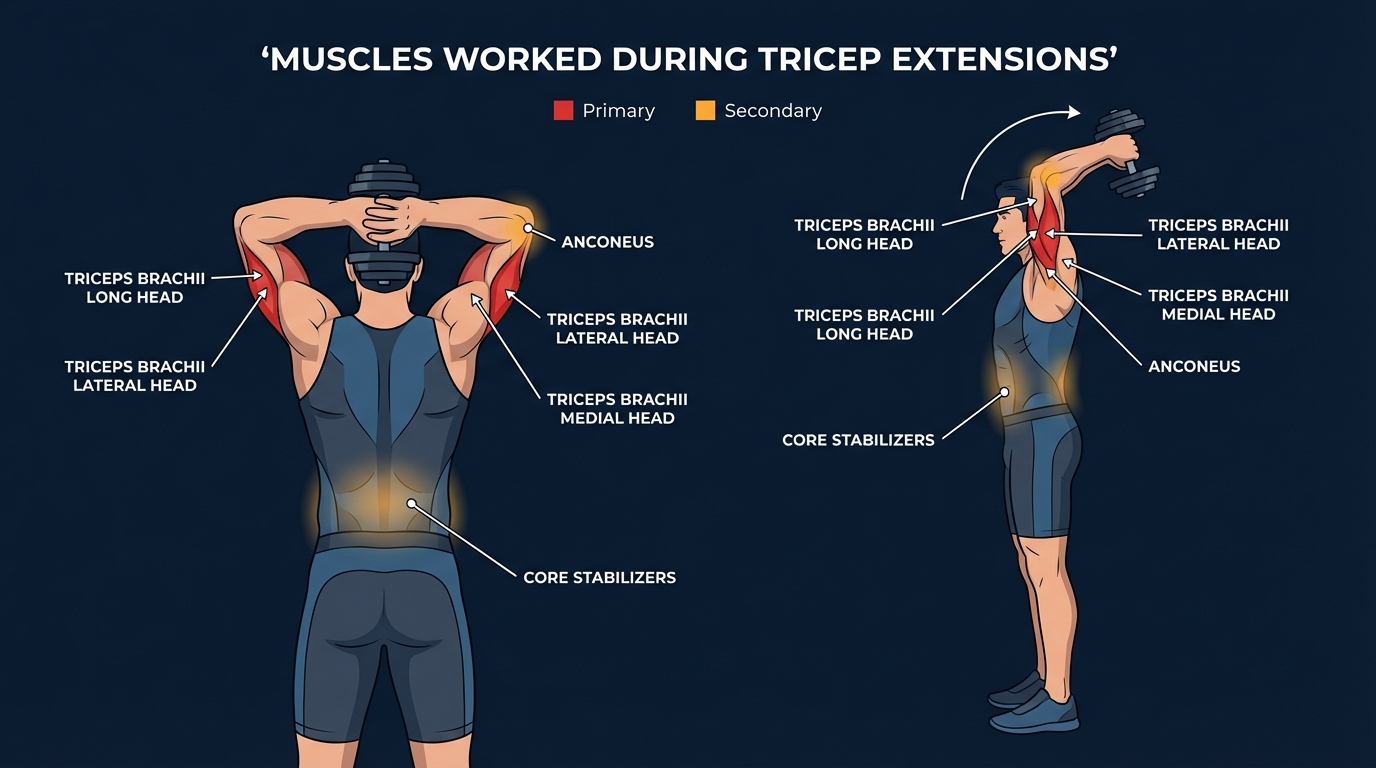 Tricep extension muscles targeted diagram showing all three heads of the triceps brachii (long head, lateral head, medial head) as primary movers with anconeus and core as secondary