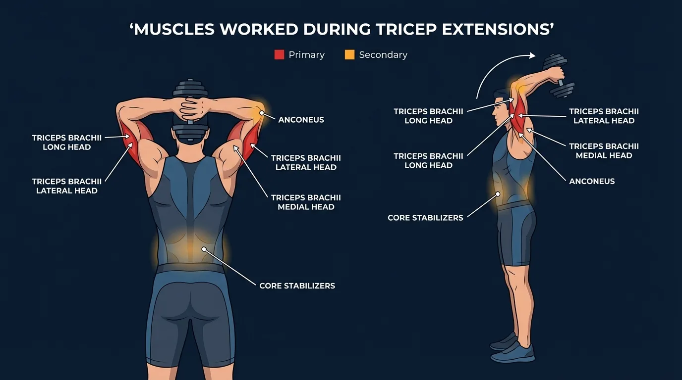 Trizepsstrecker Muskeldiagramm zeigt alle drei Koepfe des Trizeps brachii als Hauptmuskeln mit Anconeus und Core als sekundaere Muskeln