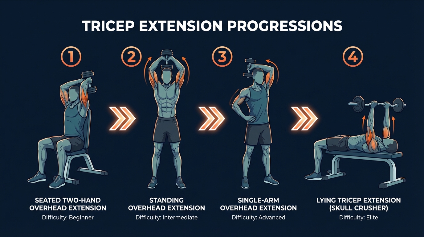 Tricep extension progressions from seated two-hand overhead to standing to single-arm to lying skull crusher with difficulty levels