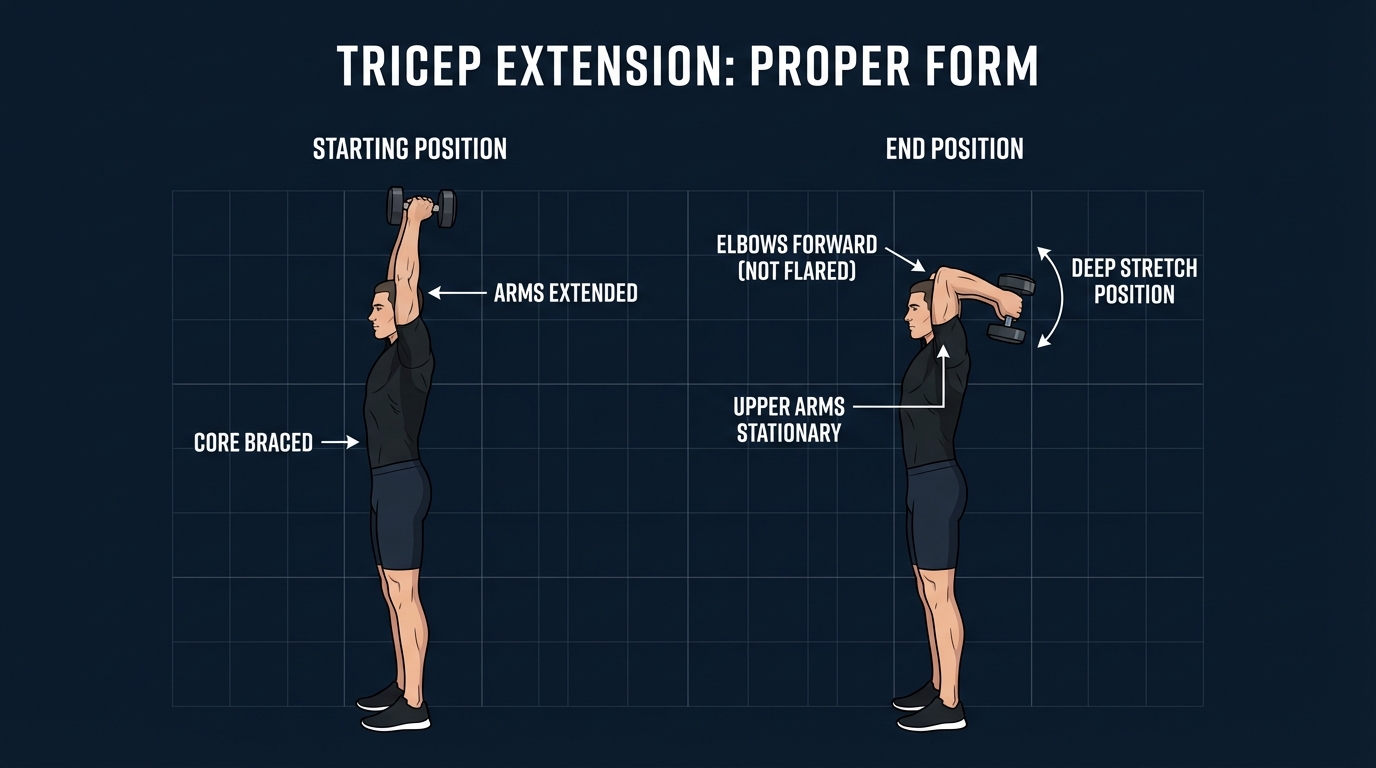 Overhead tricep extension proper form showing starting position with arms extended overhead and bottom position with dumbbell behind head, elbows pointing forward, upper arms stationary