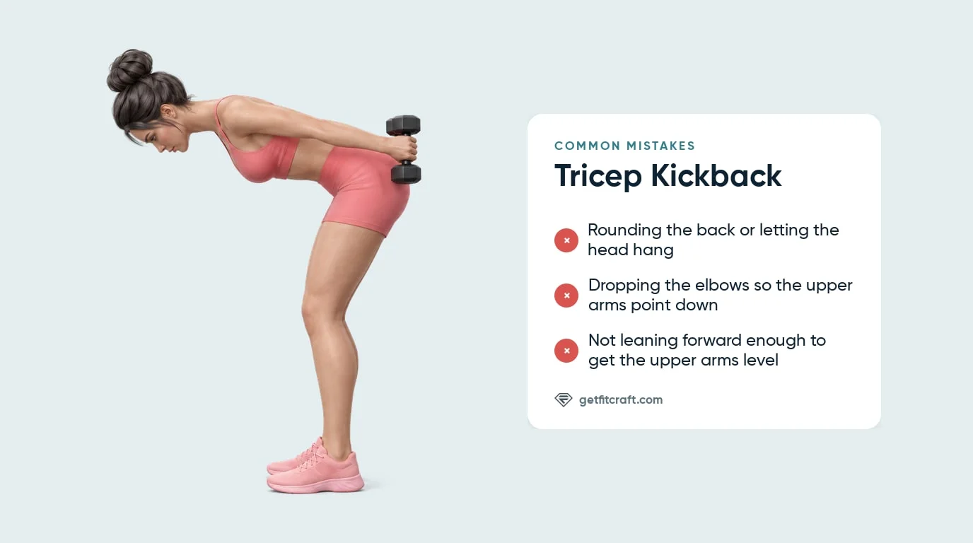 Tricep kickback common mistakes listed beside the correct pose: flat back, upper arms level with the floor, arms straight