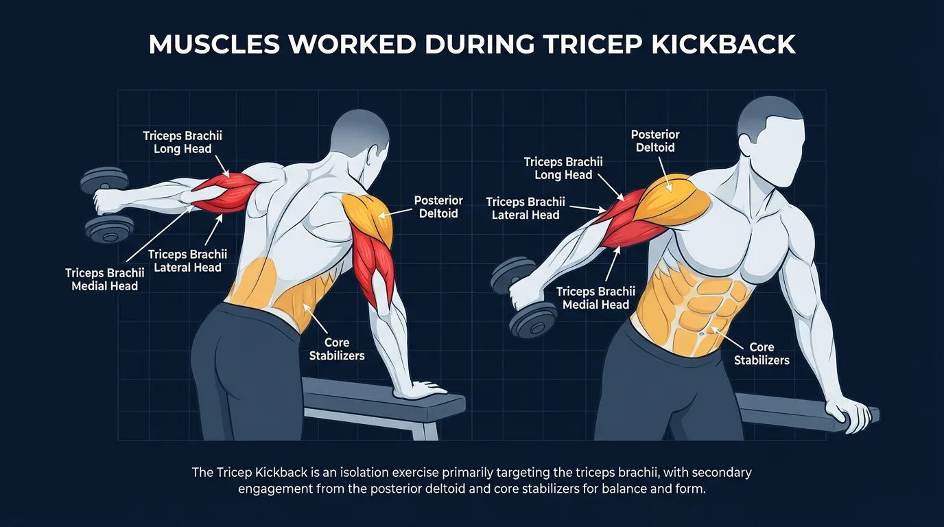 Tricep kickback muscles targeted diagram showing all three heads of the triceps brachii — long head, lateral head, and medial head — with posterior deltoid as secondary stabilizer