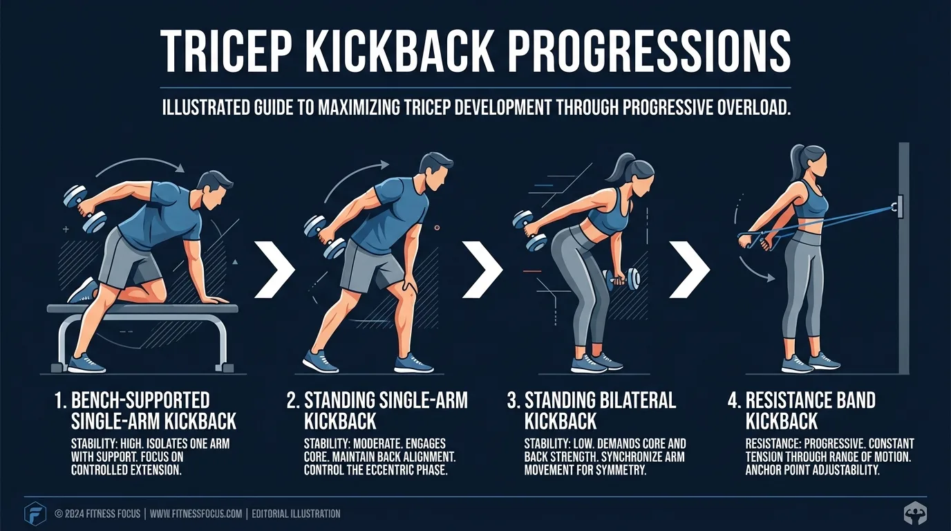 Tricep kickback progression from bench-supported single-arm kickback to standing bilateral kickback to resistance band kickback to cable kickback