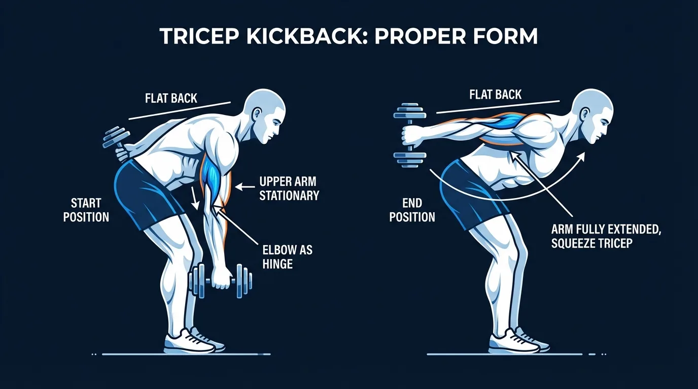 Tricep kickback proper form showing start position with elbow bent at 90 degrees and end position with arm fully extended behind the body, upper arm stationary throughout