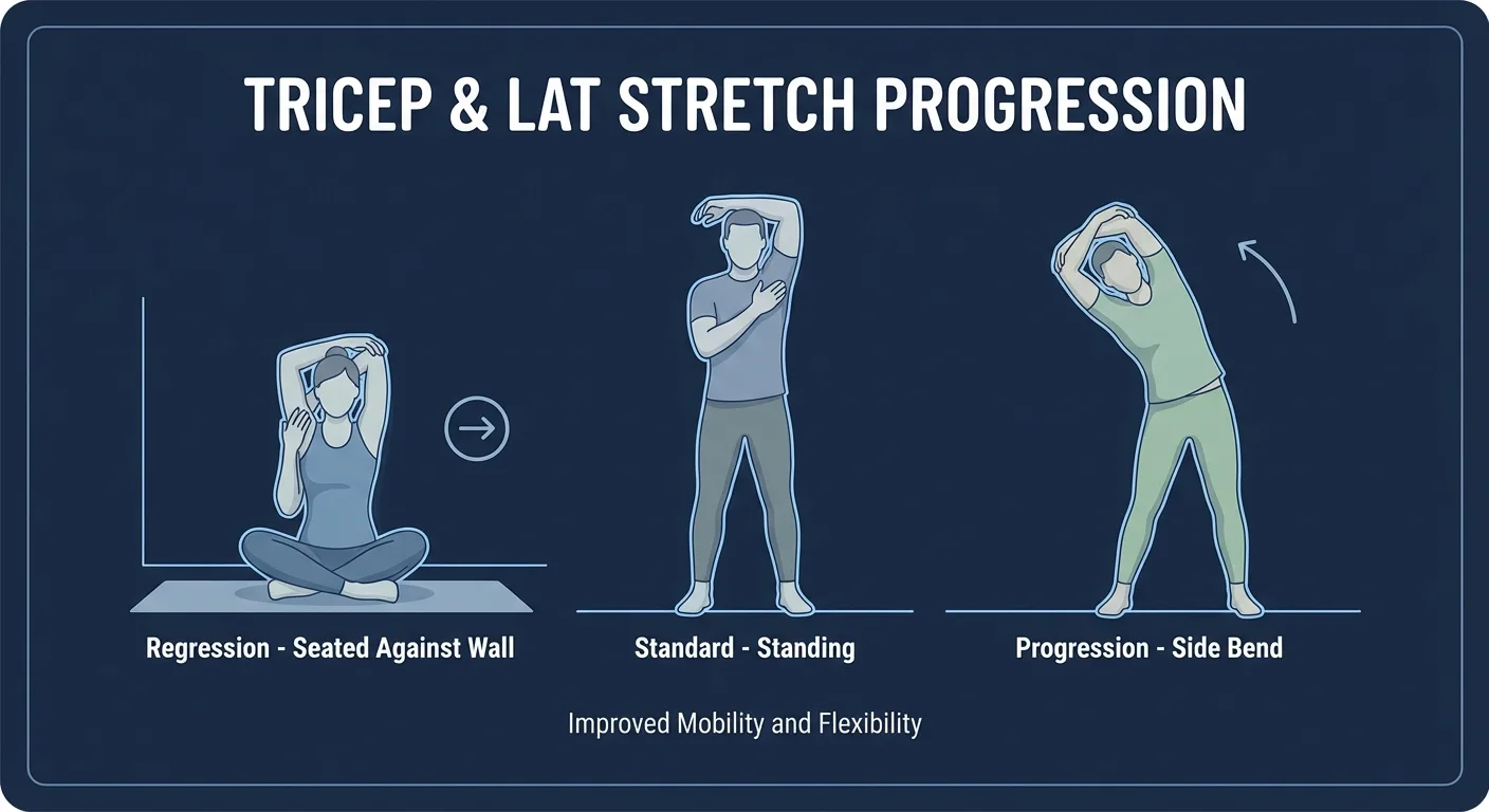 Tricep-n-lat stretch variations showing seated regression, standard, and side-bend progression