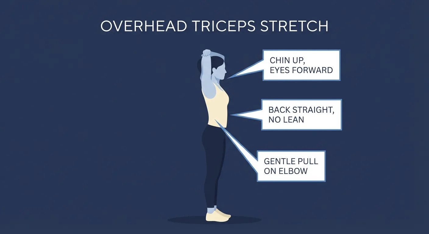 Tricep-n-lat stretch proper form showing chin up, straight back, and gentle elbow pull