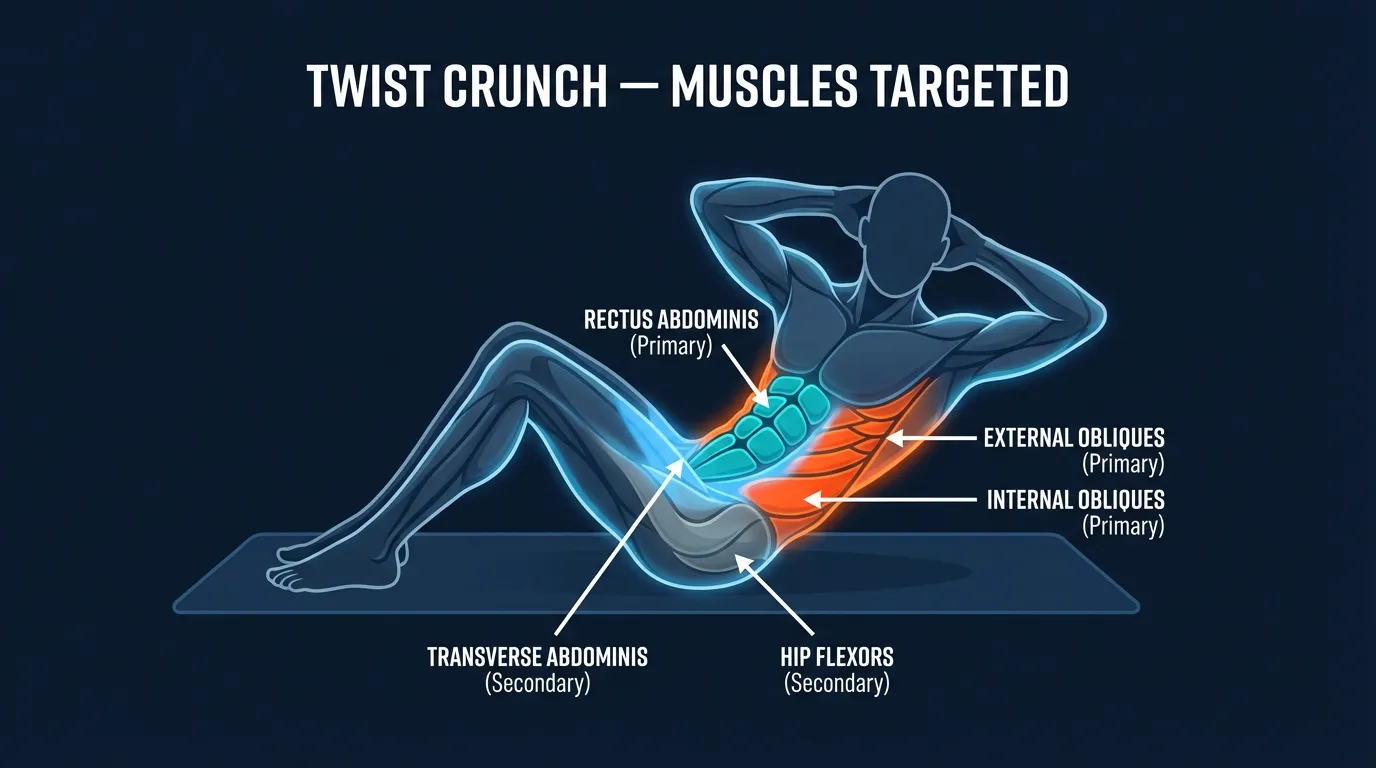 Twist crunch muscles targeted diagram showing internal obliques, external obliques, rectus abdominis, and transverse abdominis activation patterns