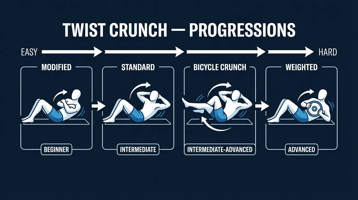 Twist crunch progression chart from basic twist crunch to bicycle crunch to weighted twist crunch to cable woodchop