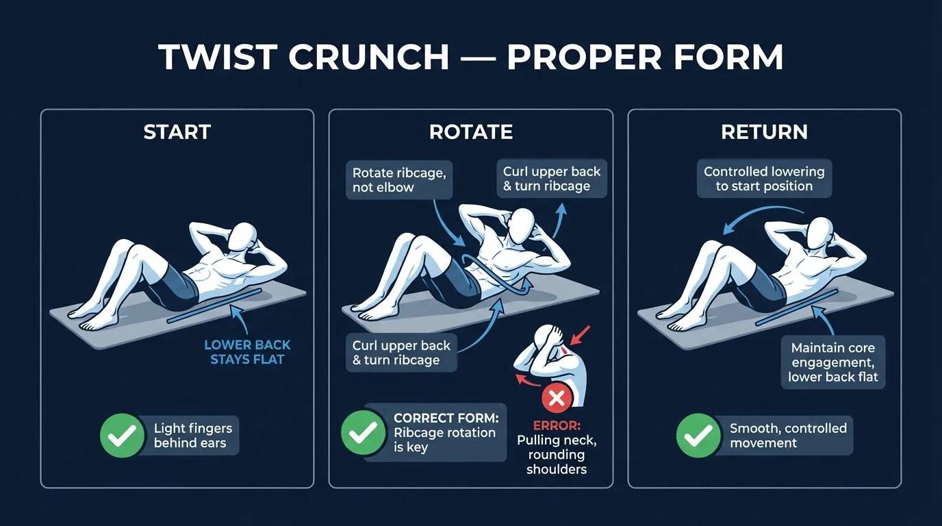 Twist crunch proper form showing starting position with hands behind ears, ribcage rotation toward opposite knee, and controlled return to neutral