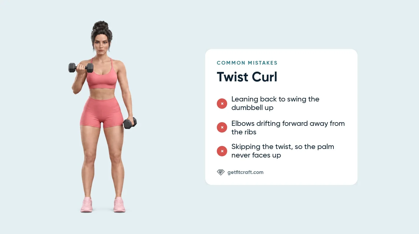 Twist curls common mistakes listed beside the correct form: elbows at the sides, one dumbbell curled near the shoulder
