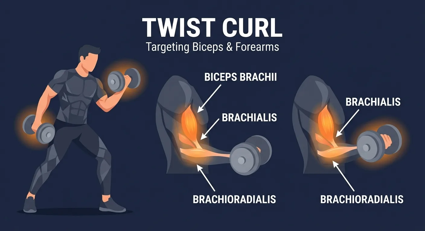 Twist curl muscles targeted diagram highlighting biceps brachii, brachialis, and forearm flexors activation