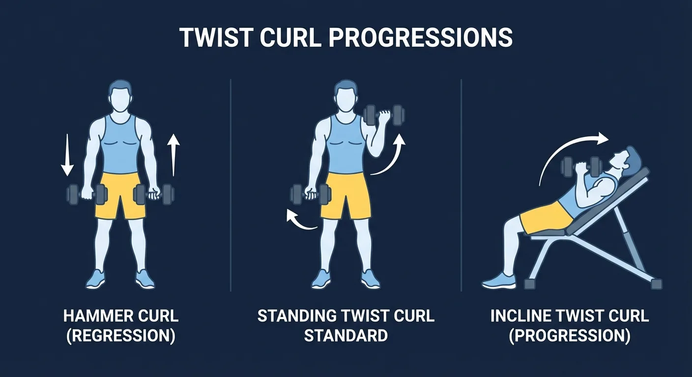Twist curl variations showing hammer curl regression, standing standard twist curl, and incline bench progression