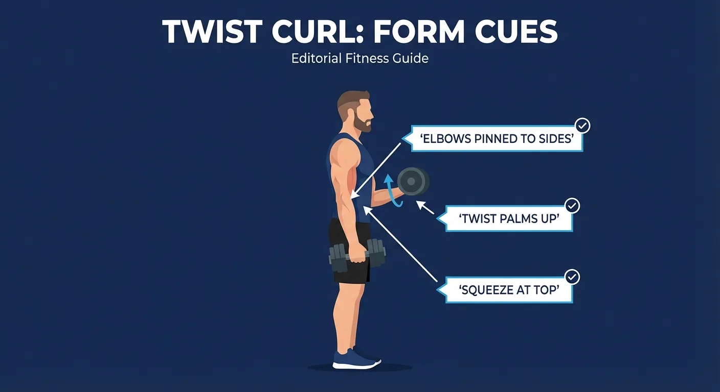 Twist curl proper form showing neutral grip start, supinated finish, elbows pinned to sides, and biceps squeeze