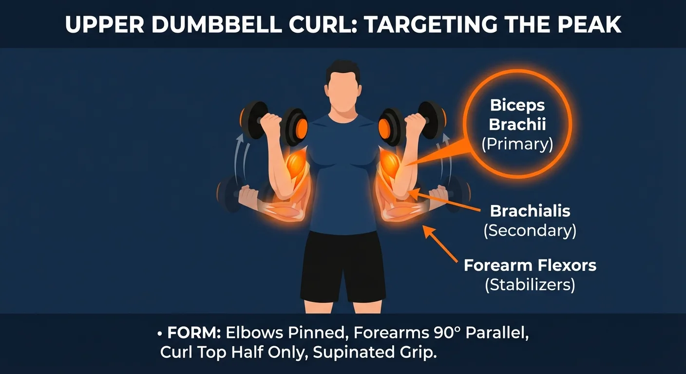 Upper curl muscles worked diagram showing biceps brachii and forearm activation during a top-half partial bicep curl