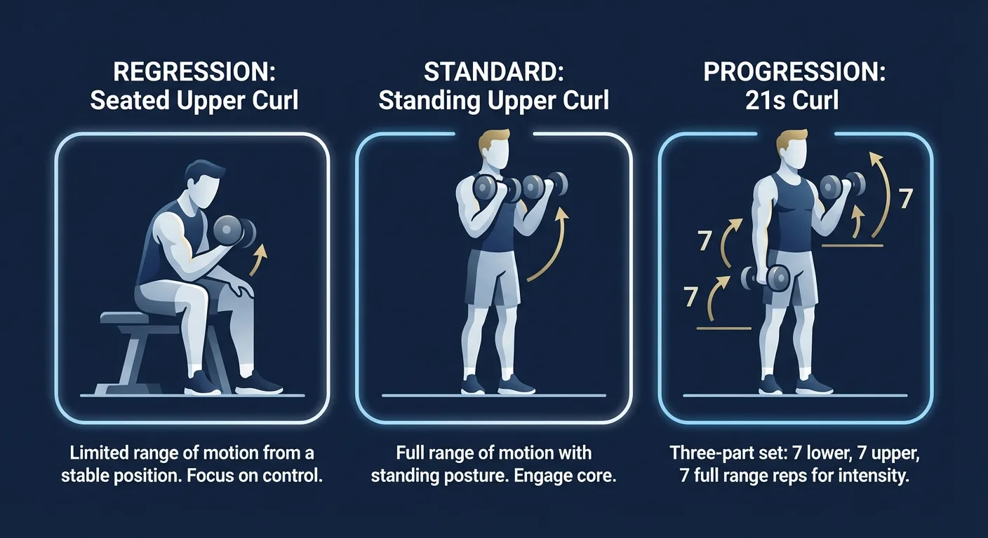 Upper curl variations showing seated regression, standard standing, and 21s progression