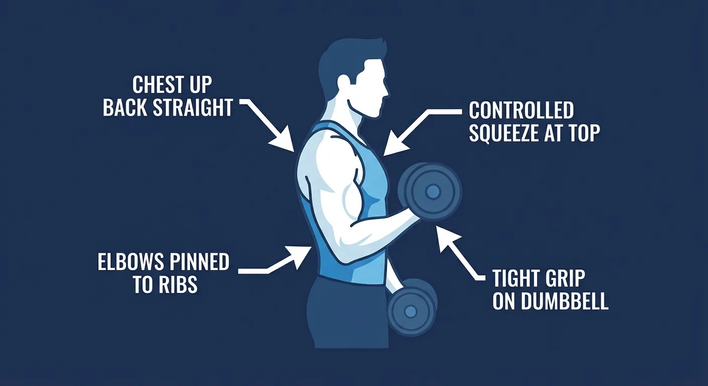 Upper curl proper form side view showing elbows pinned to ribs and partial range of motion from parallel to peak contraction