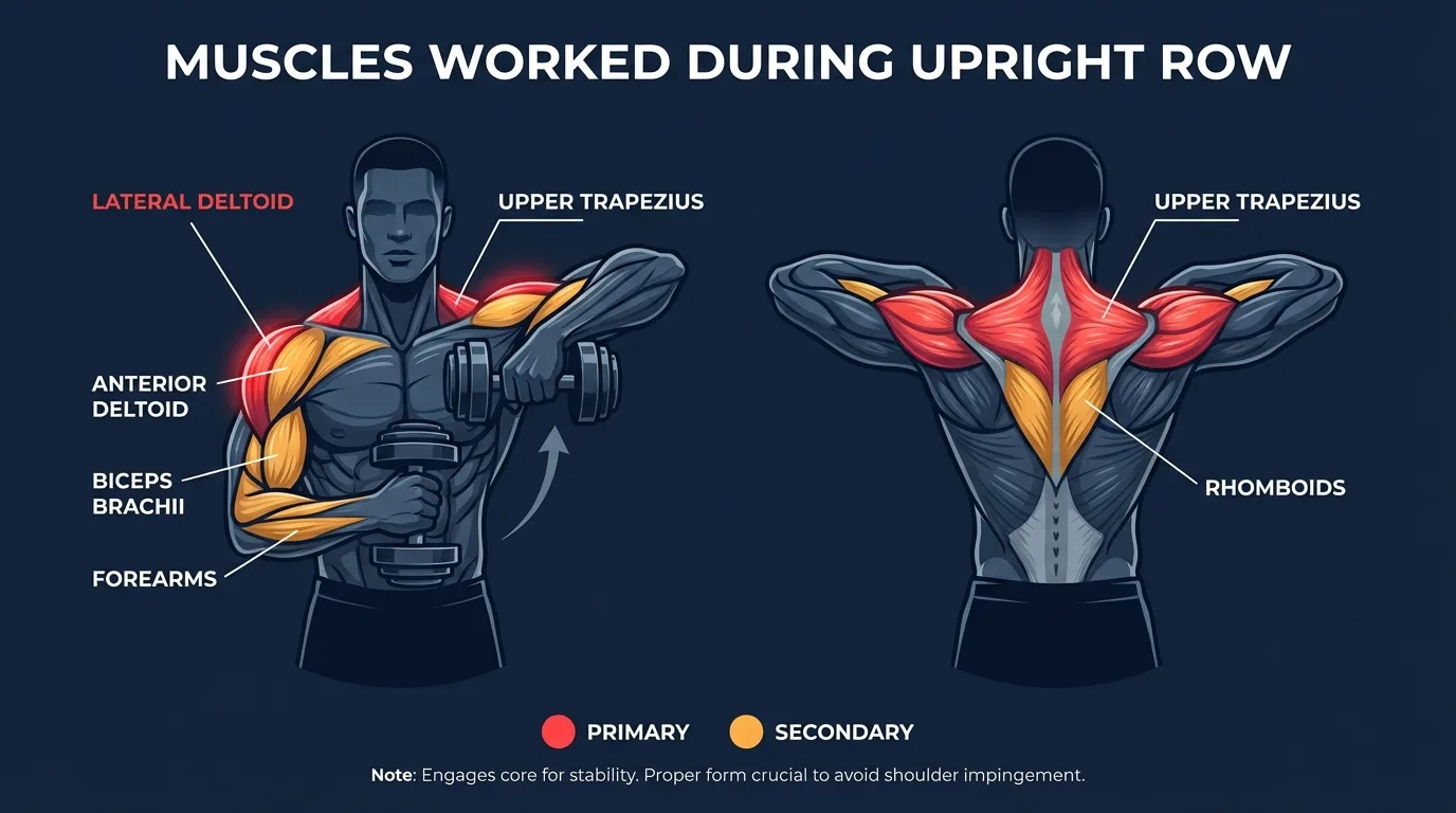 Diagramm der beim aufrechten Rudern beanspruchten Muskeln mit hervorgehobenem seitlichem Deltamuskel, oberem Trapezmuskel, vorderem Deltamuskel, Bizeps und Unterarmen