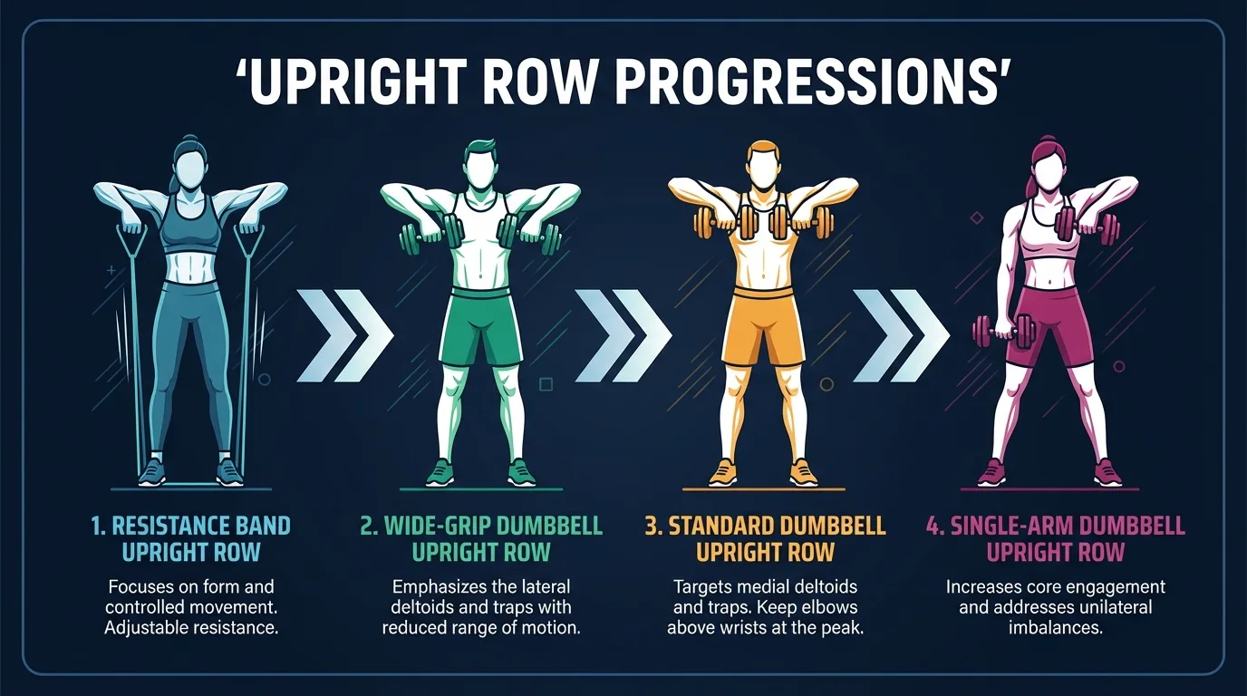 Progression des aufrechten Ruderns vom Widerstandsband ueber breitgriffiges Kurzhantelrudern und Standard-Kurzhantelrudern zum einarmigen Kurzhantelrudern mit steigender Schwierigkeit