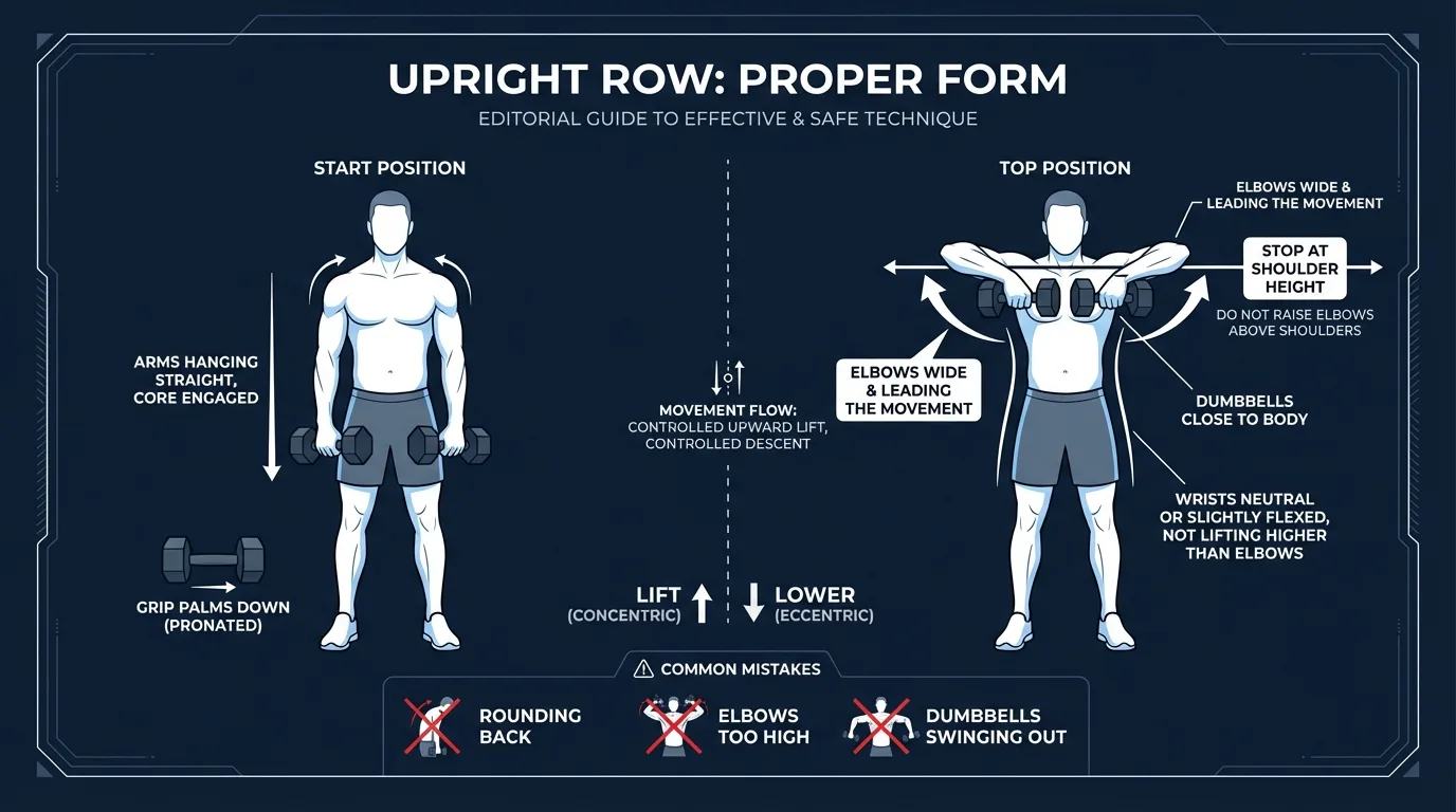Korrekte Technik beim aufrechten Rudern mit Kurzhanteln: Ausgangsposition mit haengenden Armen und obere Position mit Ellbogen auf Schulterhoehe nach aussen zeigend, Kurzhanteln auf Brusthoehe