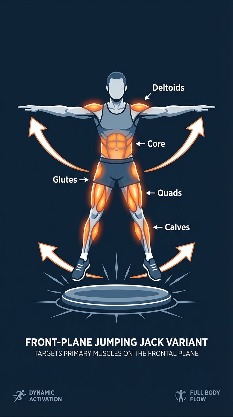 Ventral Jack muscles targeted diagram showing quadriceps, glutes, calves, deltoids, and core activation during the front-plane jumping jack variant
