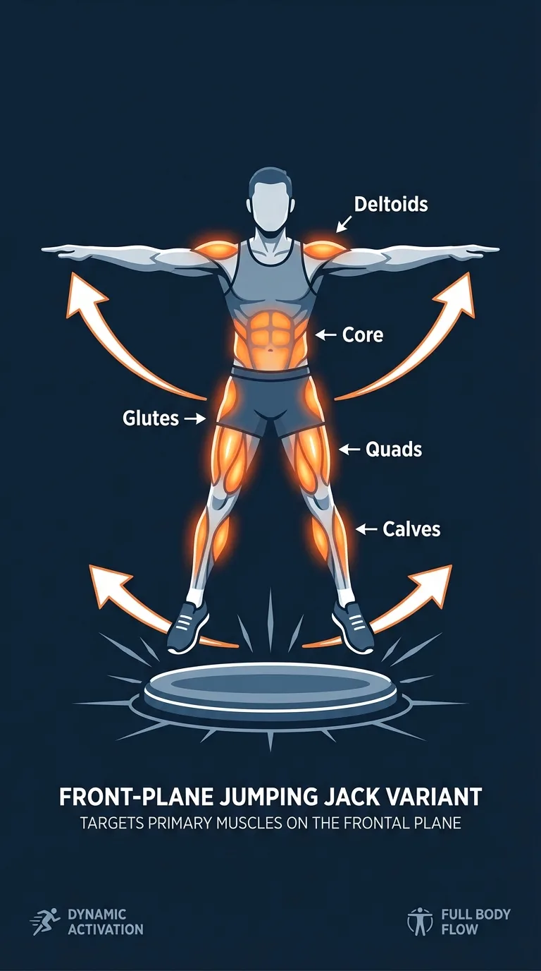 Ventral jack muscles worked: quadriceps, glutes, calves, deltoids, upper back, and core during the front-plane jumping jack pattern