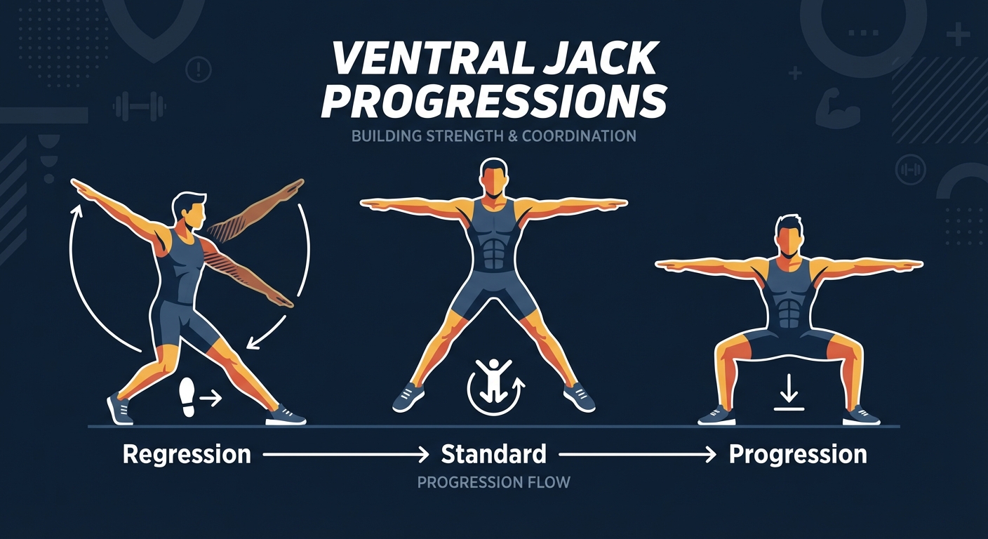 Ventral Jack progressions showing a step-out regression, standard Ventral Jack, and a squat Ventral Jack progression