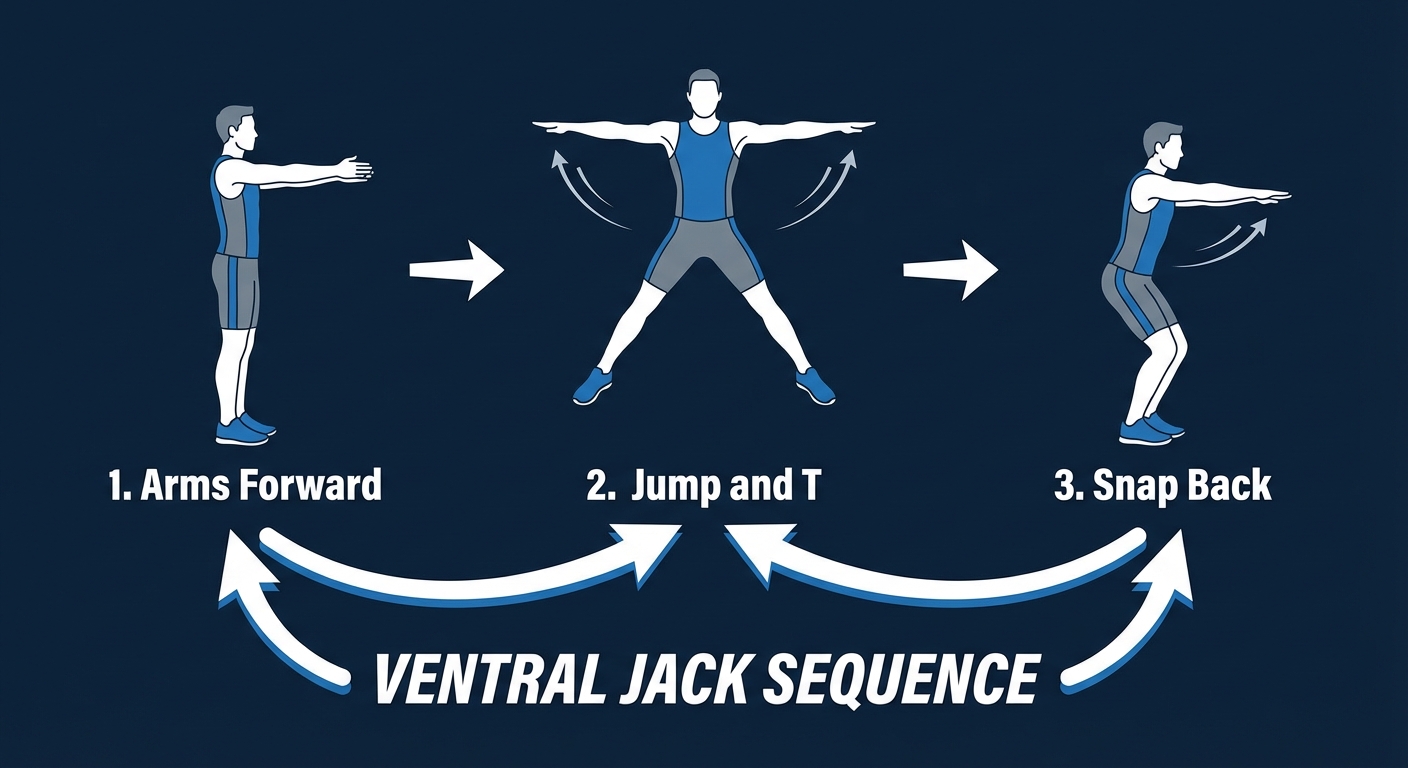 Ventral Jack proper form sequence showing feet together with arms extended forward, then feet wide with arms sweeping out to a T, then snapping back