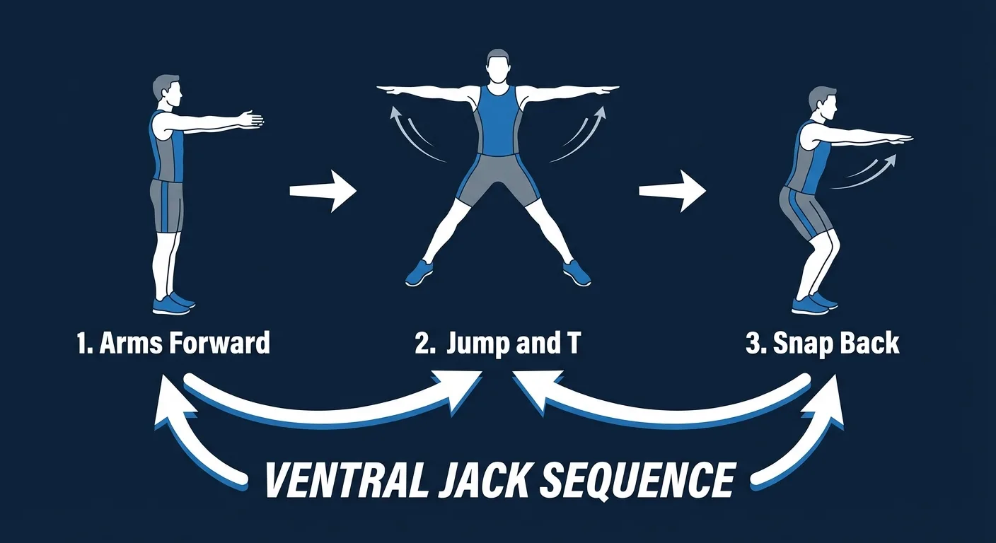 Ventral jack proper form sequence with arms forward, feet together, arms wide in a T, and feet landing softly
