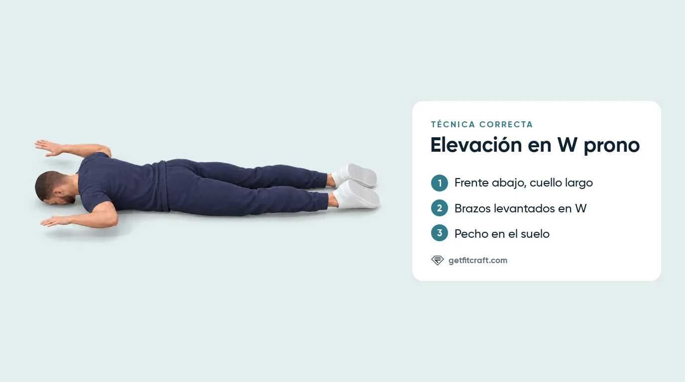 Forma correcta de la elevación en W prono: boca abajo, frente en el suelo, codos doblados en W y brazos levantados