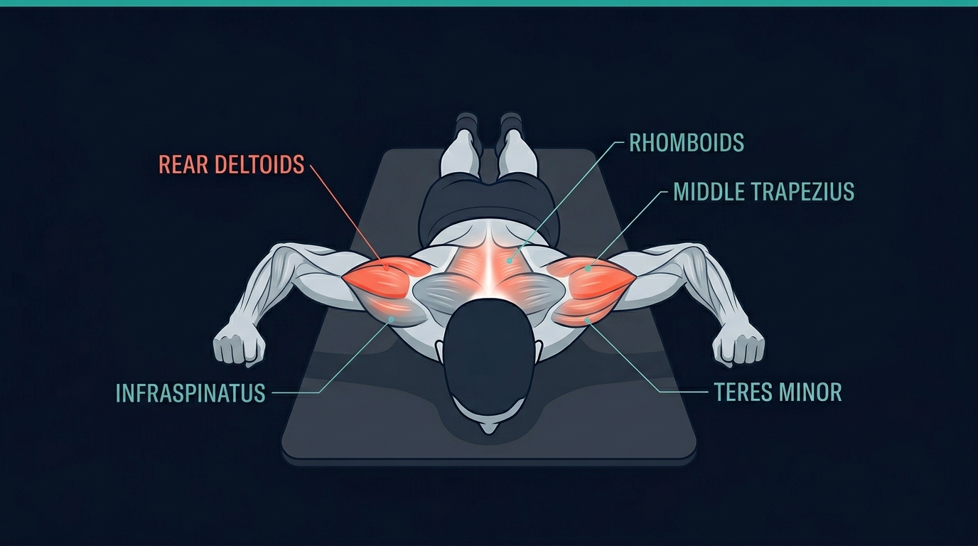 Prone W raise muscles worked diagram showing rear deltoids, rhomboids, middle trapezius, and external rotator cuff activation in person lying face down