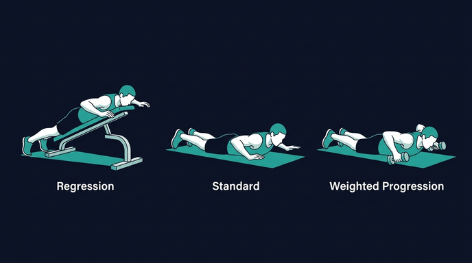 W-Raise Variationen mit Wand-Regression, Standard-Stehen und Bauchlage-Progression auf einer Bank