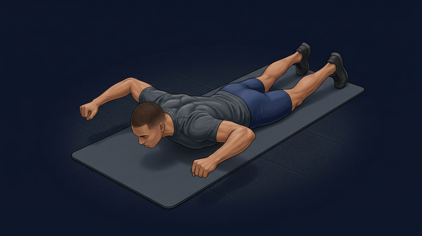 Prone W raise proper form showing person lying face down with elbows bent at 90 degrees, forearms lifted off the floor, forming a W shape viewed from above
