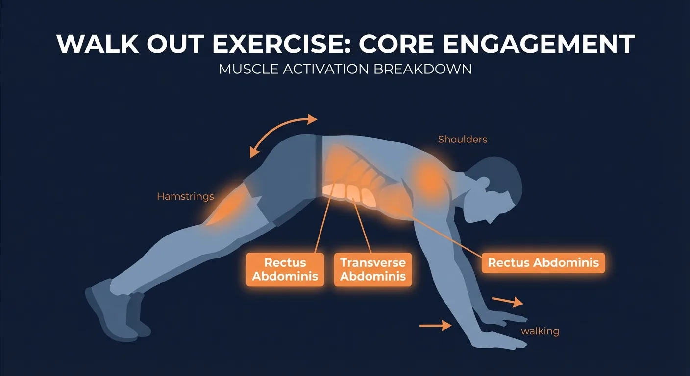 Walk out muscles worked diagram showing core, shoulders, and hamstrings activation during a standing-to-plank movement