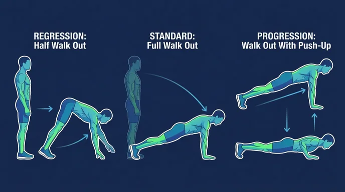 Walk Out Variationen zeigen halben Walk Out Regression, Standard-Walk-Out und Walk Out mit Push-Up Progression