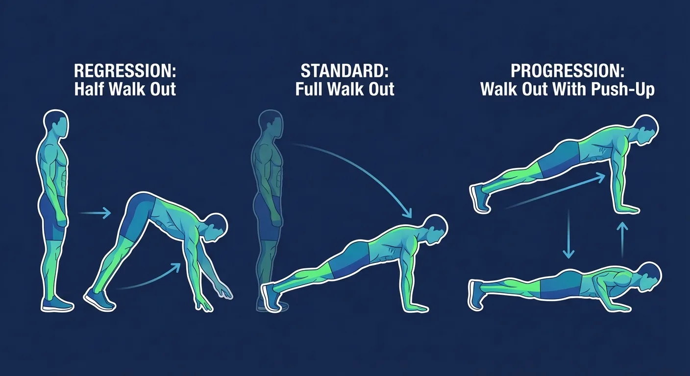 Walk out variations showing half walk out regression, standard walk out, and walk out with push-up progression
